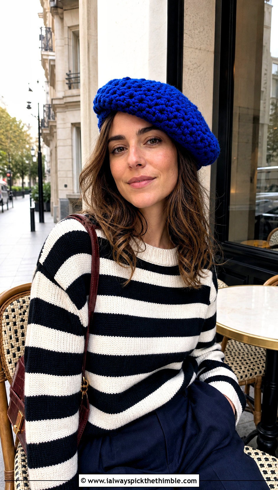 Chunky Crochet Beret With Striped Sweater And Tailored Pants - 15 Simple Chunky Crochet Hat outfit ideas