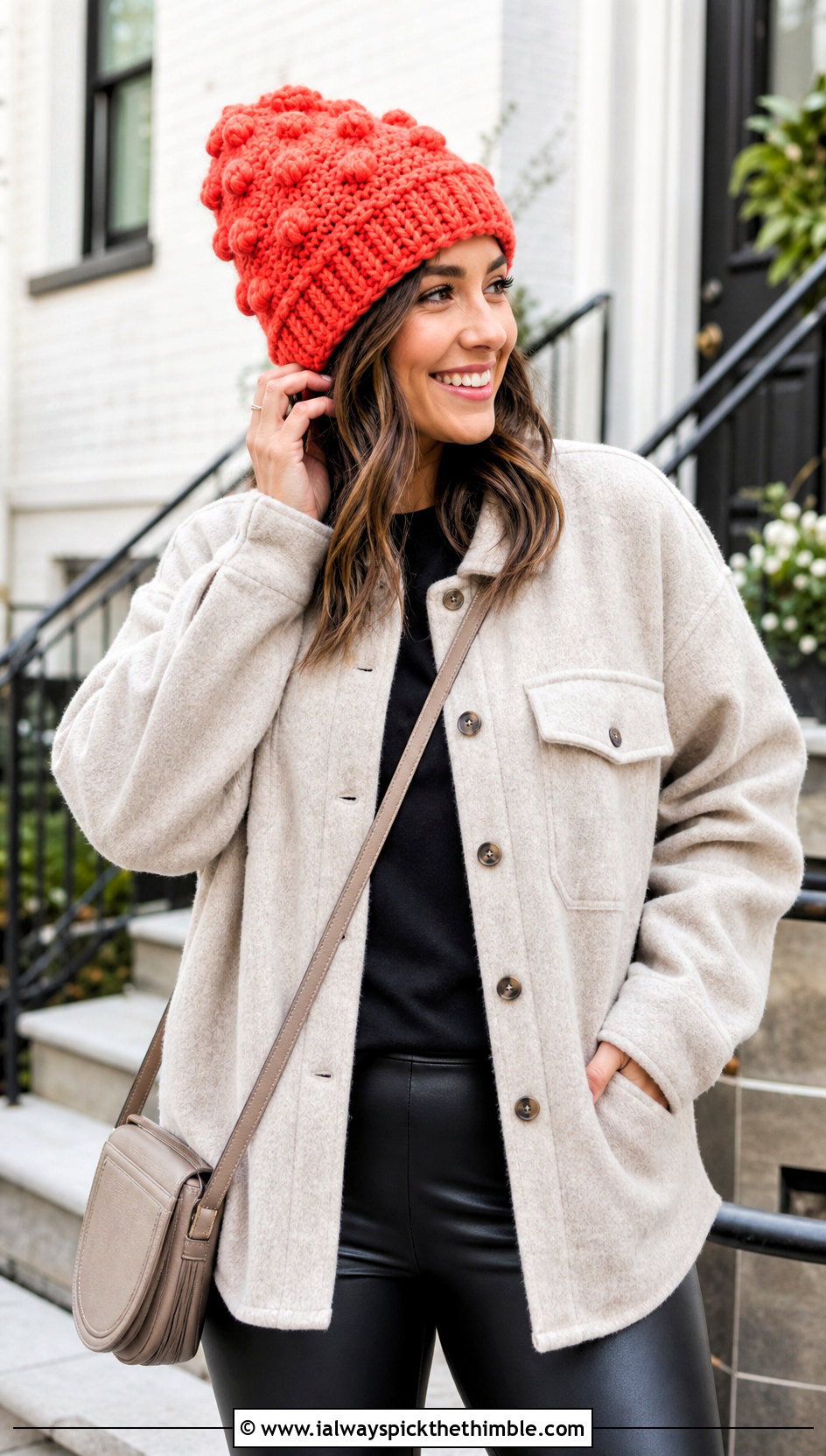 Chunky Crochet Bobble Stitch Beanie With Shacket - 25 chunky crochet hat outfit ideas