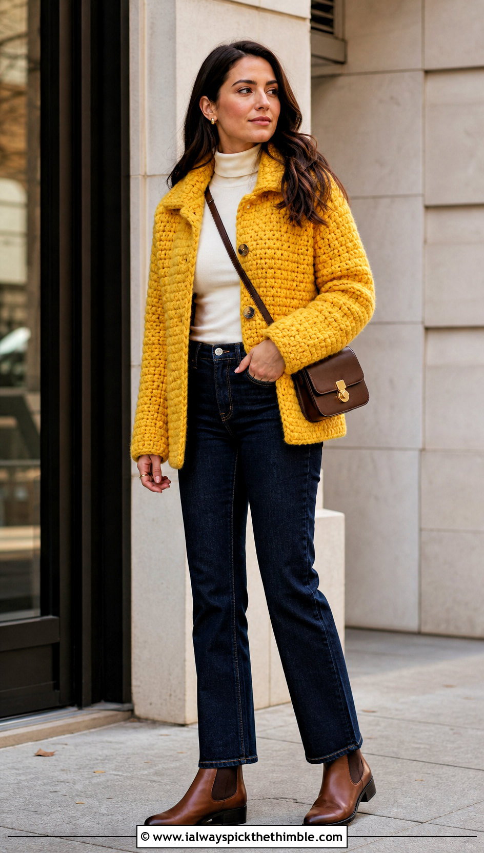 Chunky Crochet Bog Jacket With Straight Leg Jeans - 25 Crochet Bog Jacket outfit ideas