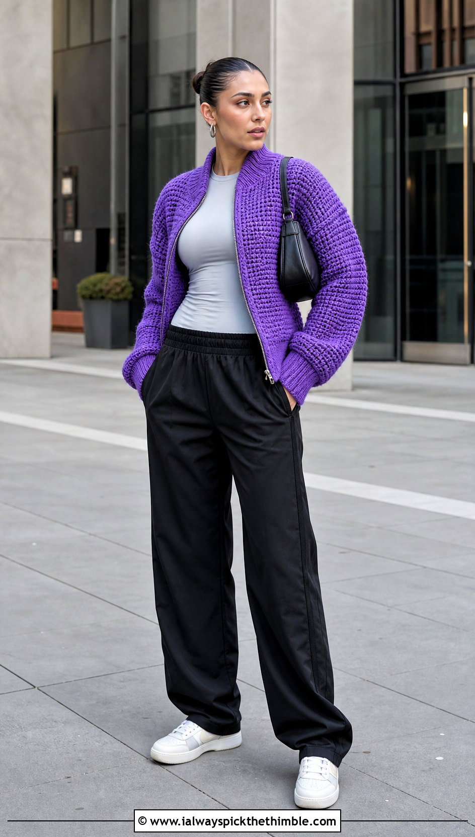 Chunky Crochet Bomber Coat With Track Pants - 20 Chunky Crochet Coat outfit ideas