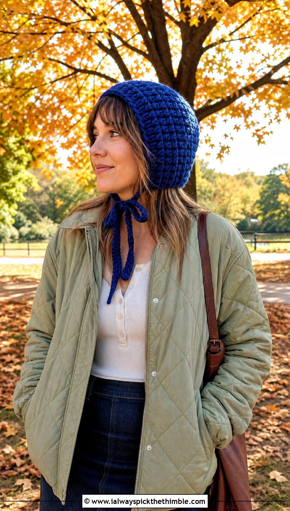 Chunky Crochet Bonnet Hat With Quilted Jacket - 25 chunky crochet hat outfit ideas