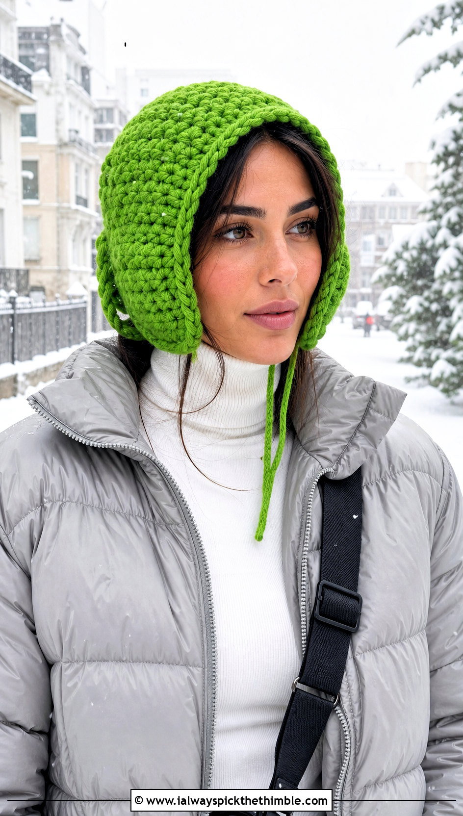 Chunky Crochet Bonnet With Puffer Jacket - 25 crochet bonnet outfit ideas