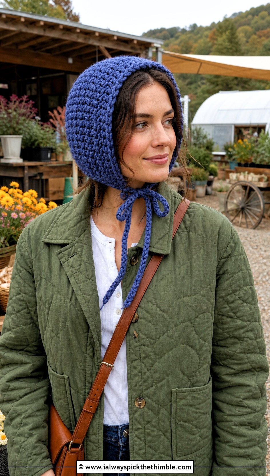 Chunky Crochet Bonnet With Quilted Jacket And Corduroy Skirt - 20 chunky yarn crochet hat outfit ideas