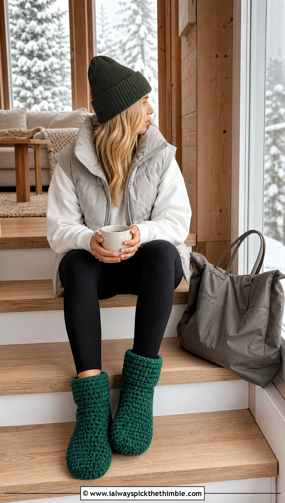 Chunky Crochet Bootie Slippers With Puffer Vest Outfit - 25 easy crochet slippers adult outfit ideas