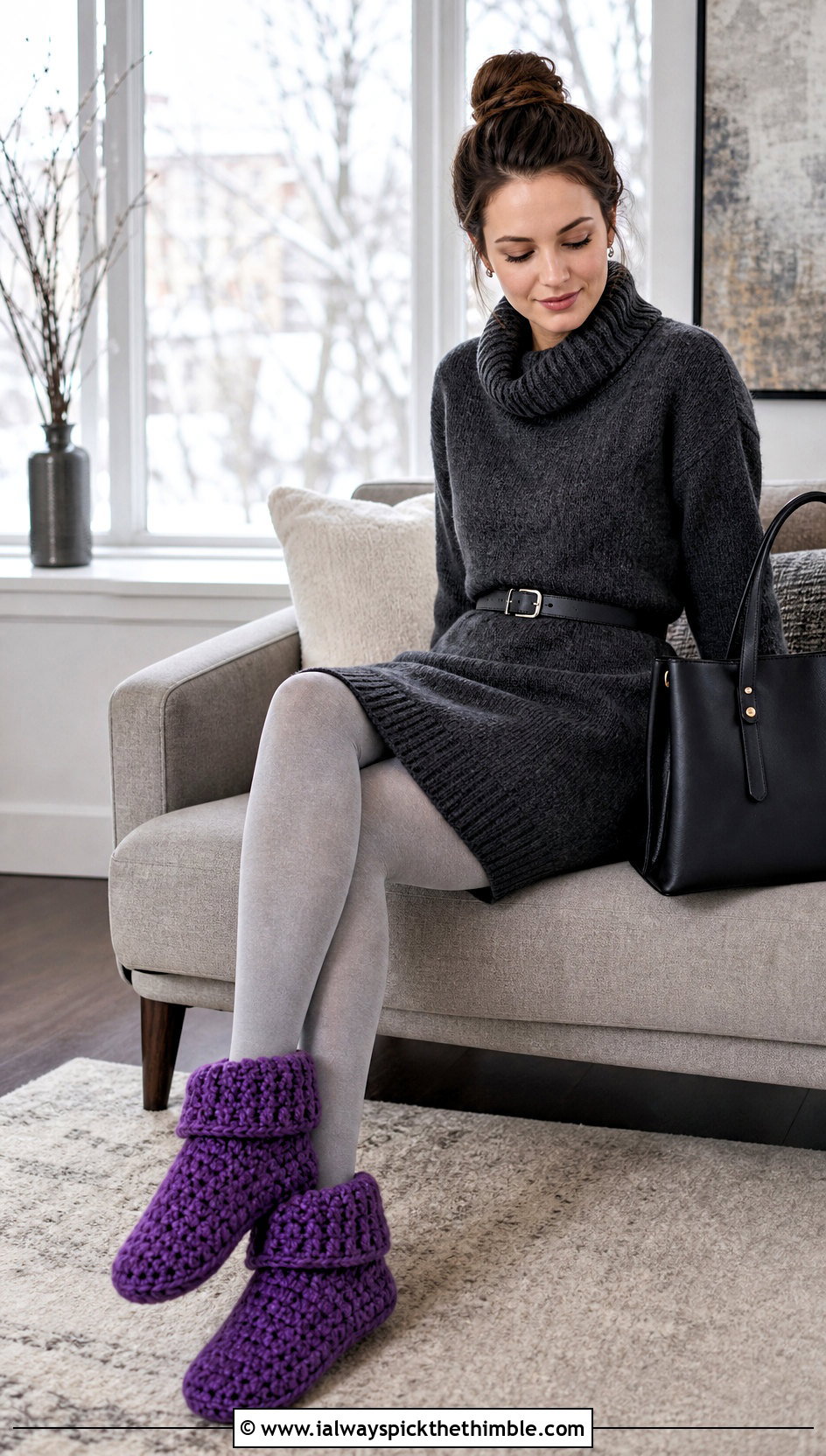 Chunky Crochet Bootie Slippers With a Sweater Dress - 20 Easy Crocheted Slippers outfit ideas