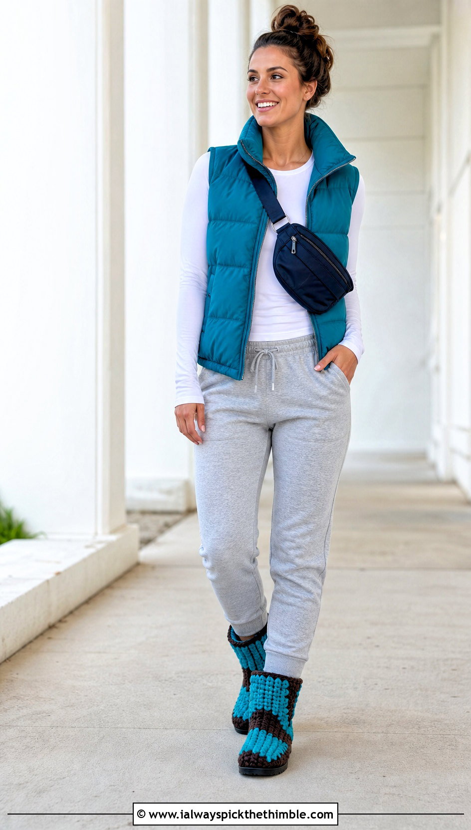 Chunky Crochet Boots With Joggers And Puffer Vest - 15 Blue And Brown Crochet Boots outfit ideas