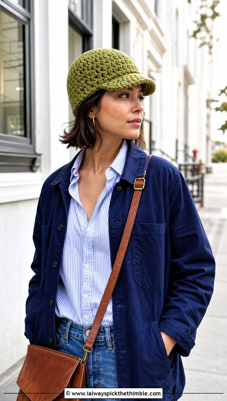 Chunky Crochet Brimmed Cap With Chore Jacket And Barrel Jeans - 15 Simple Chunky Crochet Hat outfit ideas