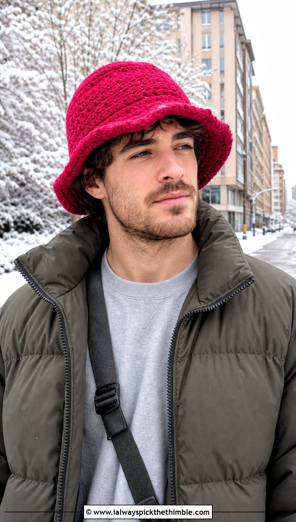 Chunky Crochet Bucket Hat With Puffer Jacket And Corduroy Pants - 20 crochet bucket hat men outfit ideas