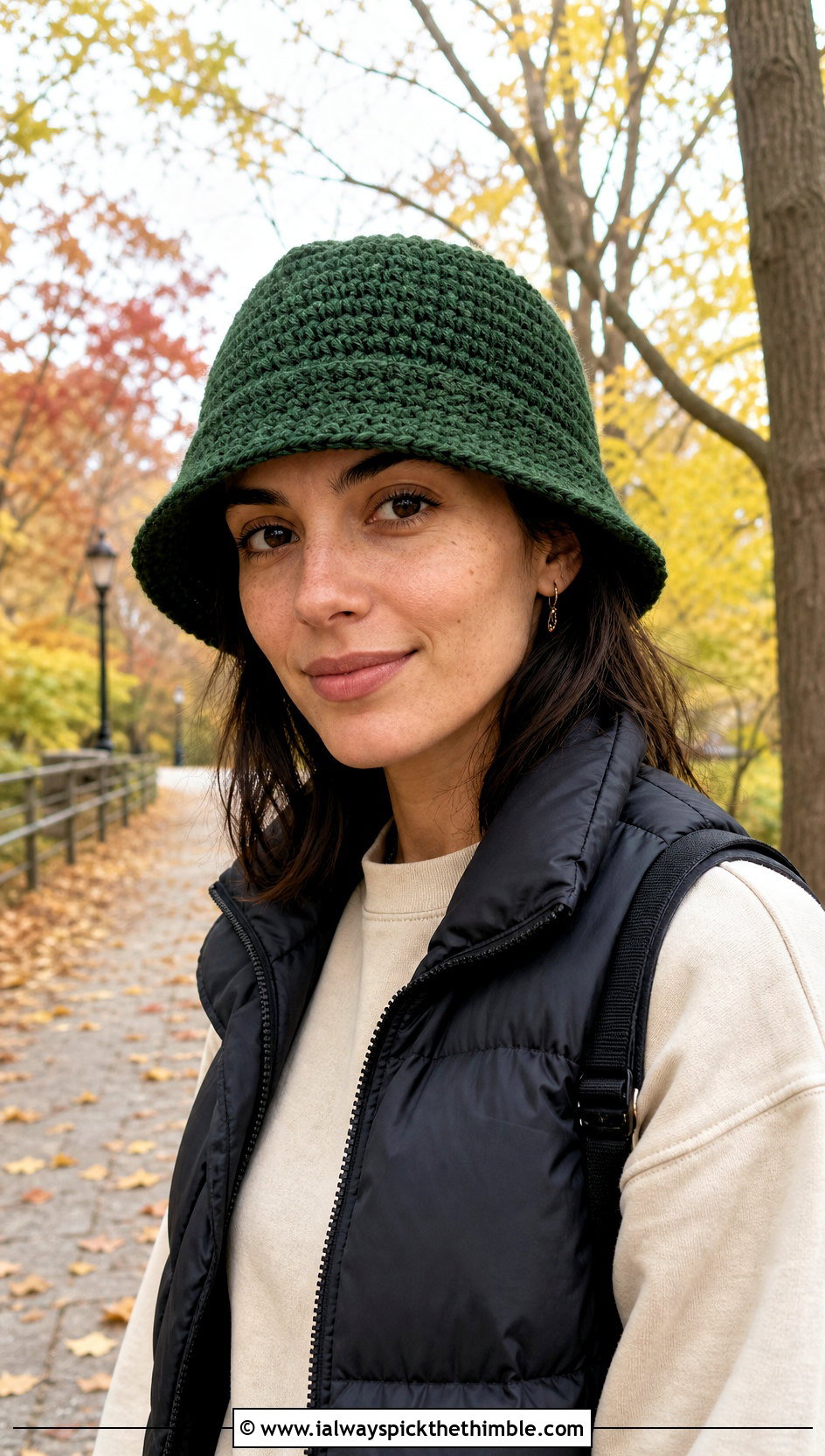 Chunky Crochet Bucket Hat With Puffer Vest - 20 crochet adult bucket hat outfit ideas