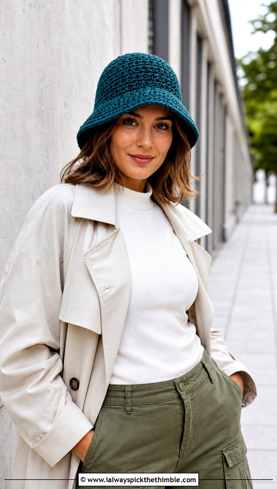 Chunky Crochet Bucket Hat With Trench Coat And Cargo Pants - 20 Easy Chunky Crochet Hat outfit ideas