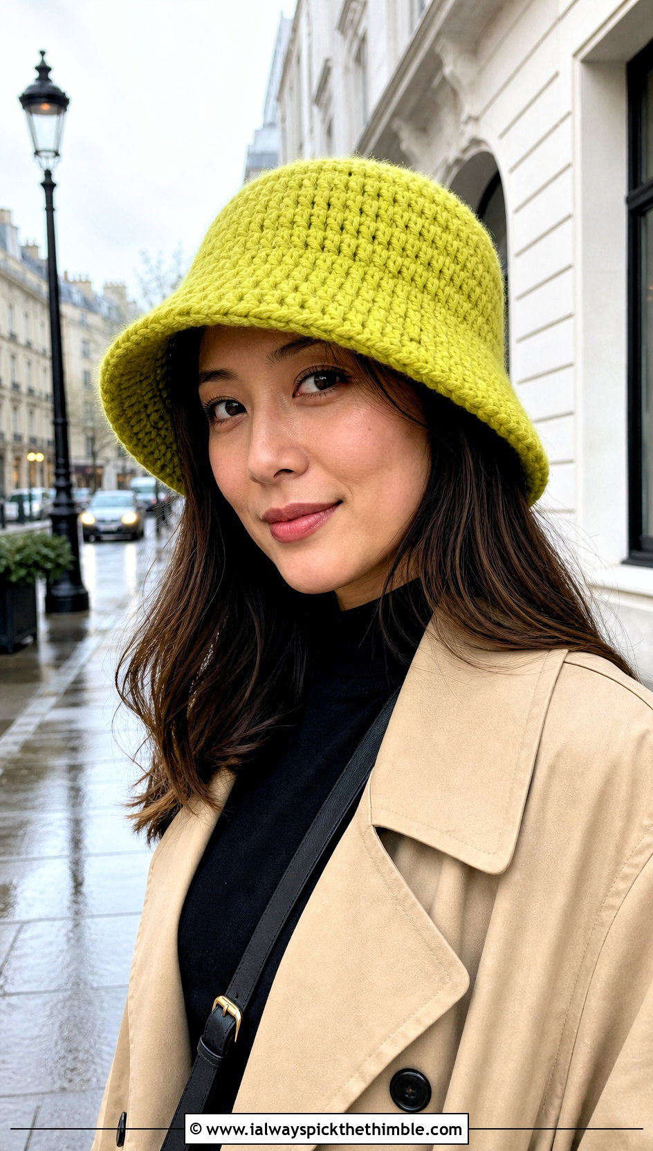 Chunky Crochet Bucket Hat With Trench Coat And Wide Leg Jeans - 20 chunky yarn crochet hat outfit ideas