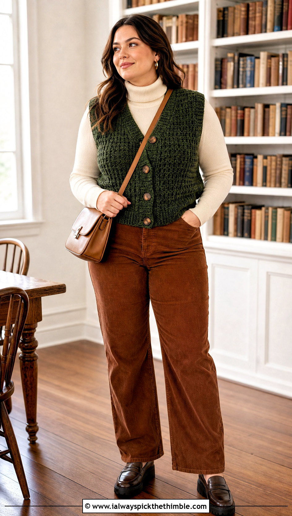 Chunky Crochet Button Vest With Turtleneck And Corduroy Pants - 25 crochet button vest outfit ideas