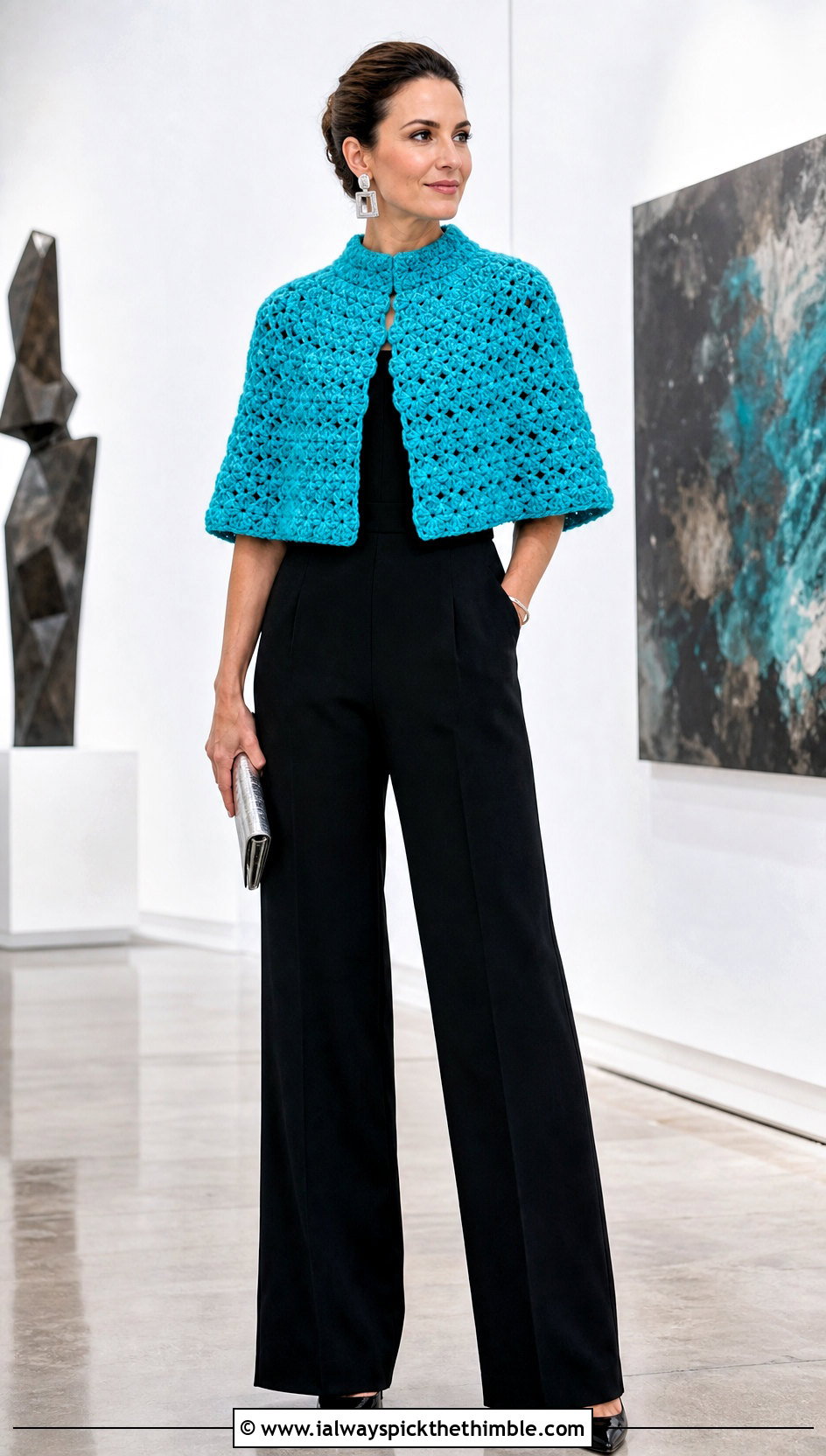 Chunky Crochet Capelet Poncho With Wide Leg Jumpsuit - 20 Chunky Crochet Poncho outfit ideas