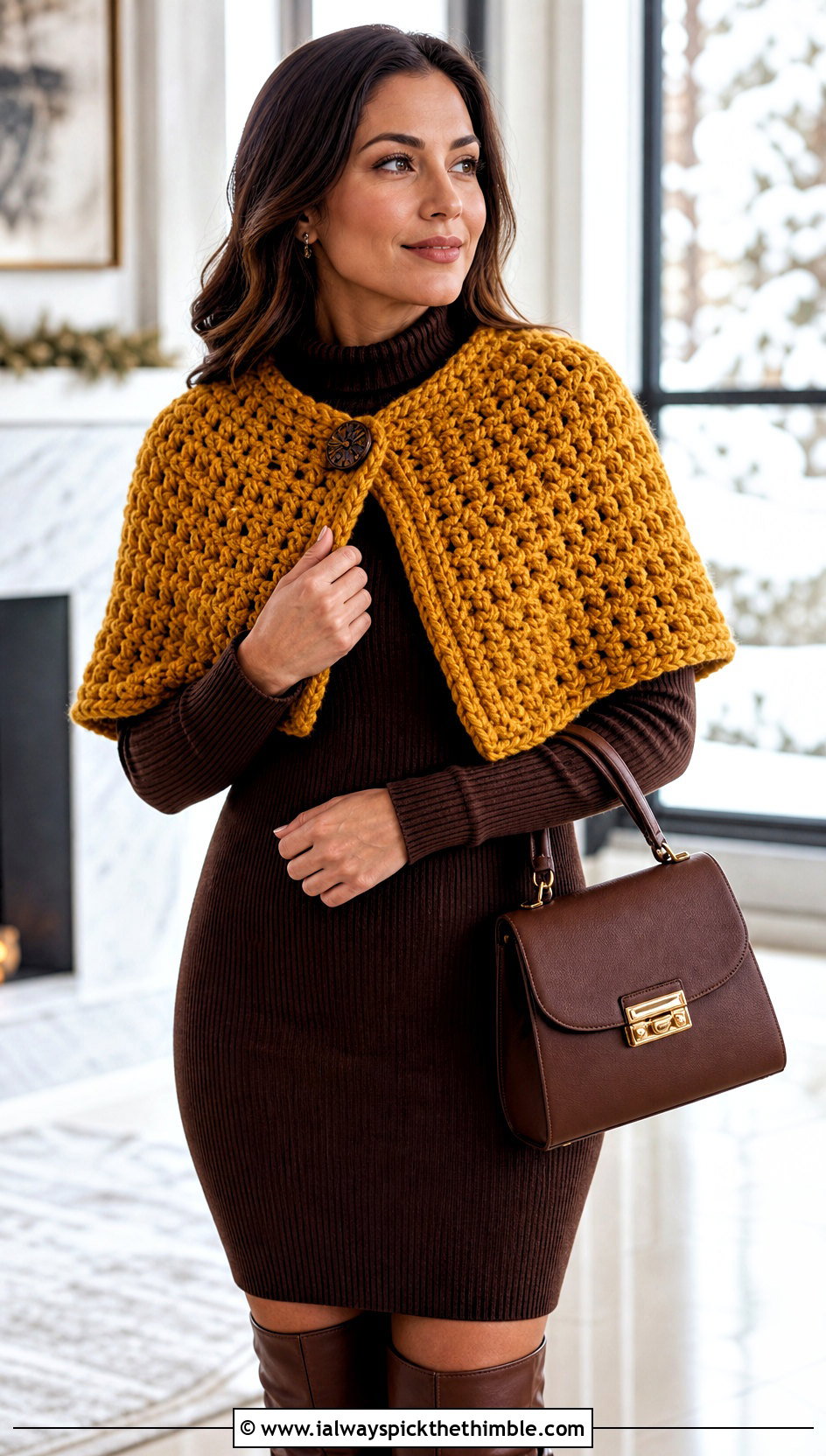Chunky Crochet Caplet Shawl With Sweater Dress And Boots - 20 crochet caplet shawl outfit ideas