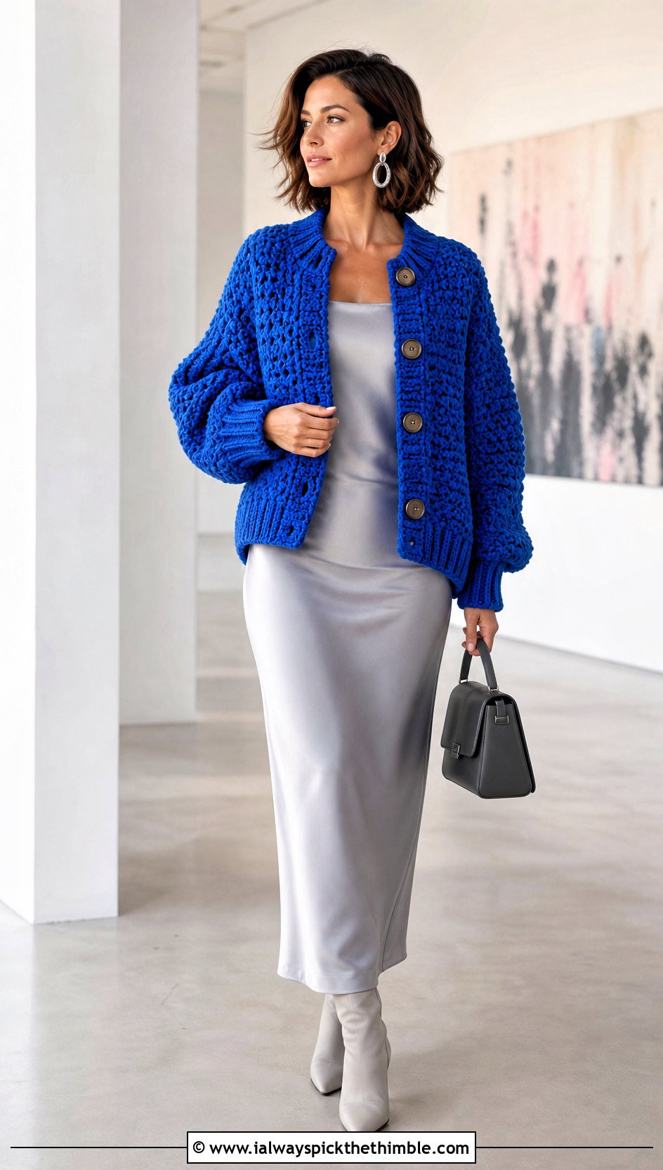 Chunky Crochet Cardigan Sweater With Column Dress - 20 chunky yarn crochet sweater outfit ideas