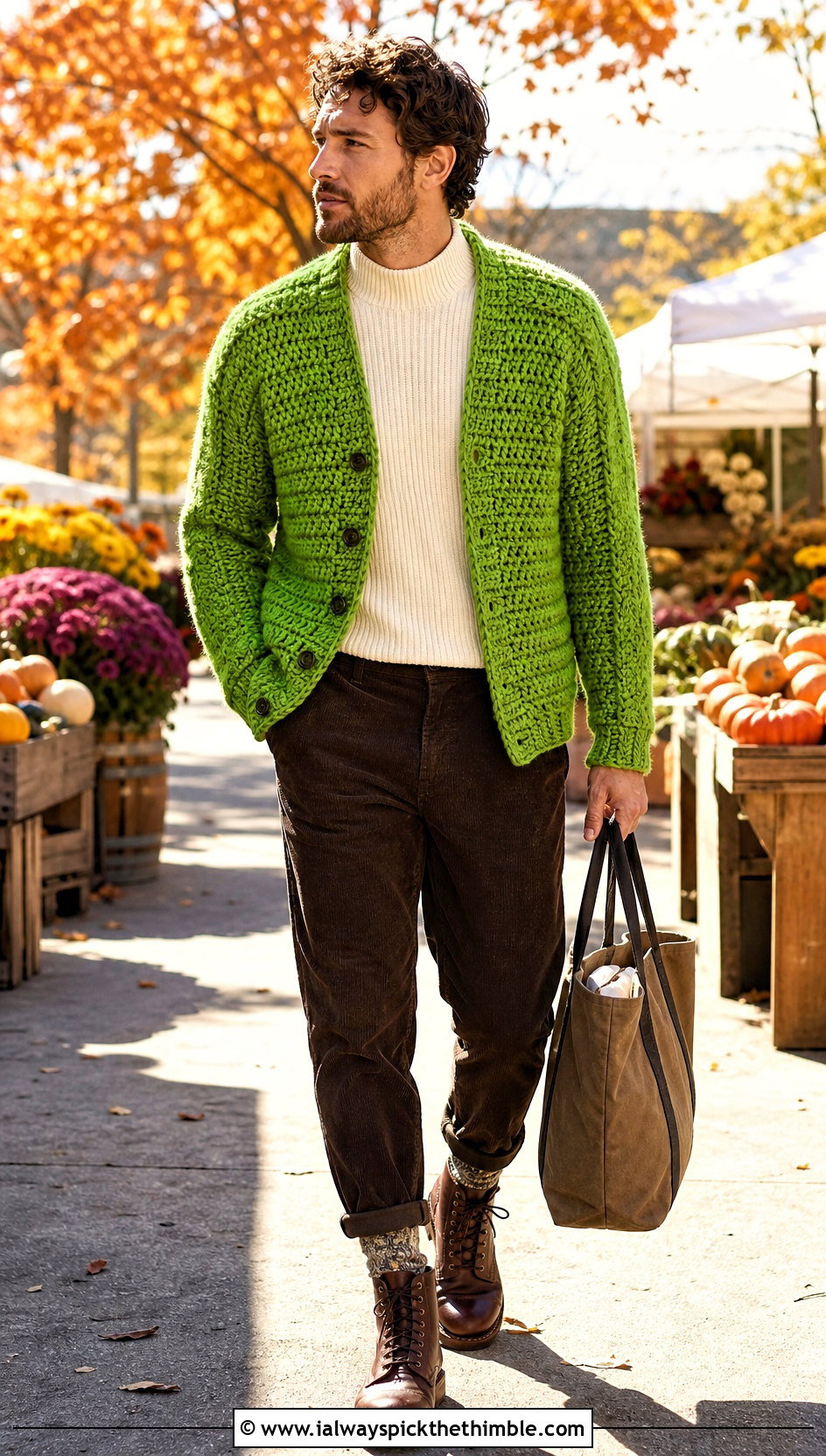 Chunky Crochet Cardigan With Corduroy Pants - 25 crochet cardigan men outfit ideas