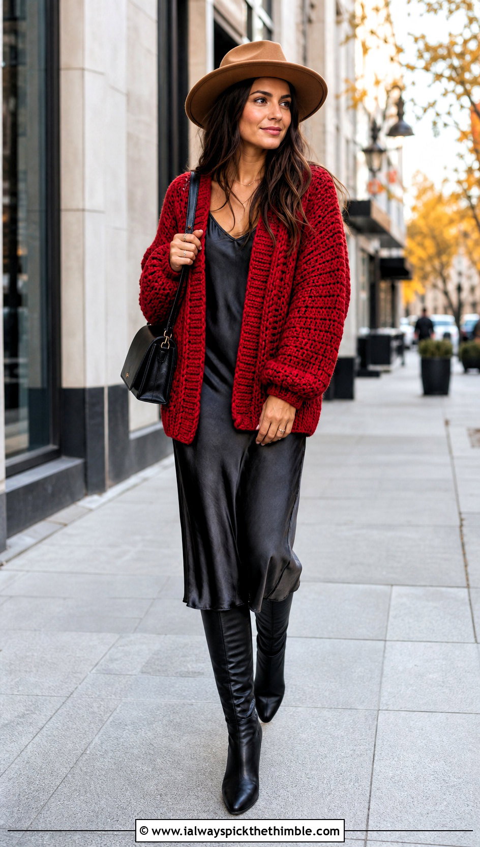 Chunky Crochet Cardigan With Felt Hat and Slip Dress - 15 Crochet Cardigan With Hat outfit ideas