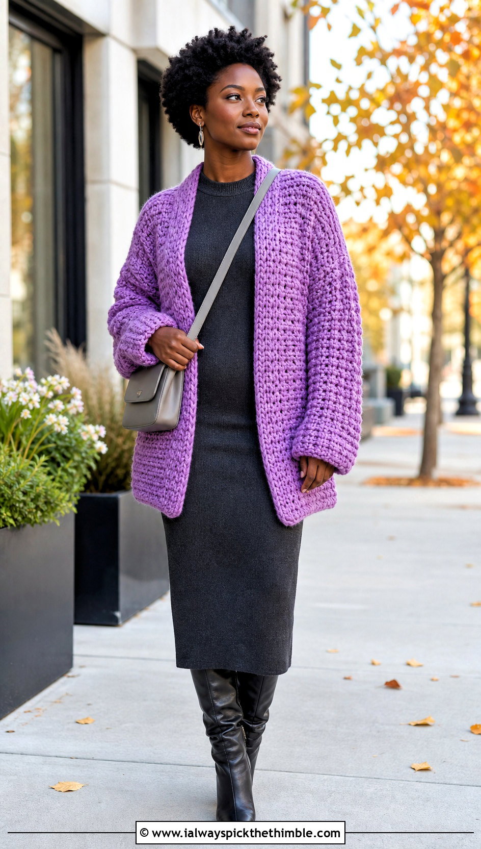 Chunky Crochet Cardigan With Knit Dress And Boots - 25 crochet outfits black women outfit ideas