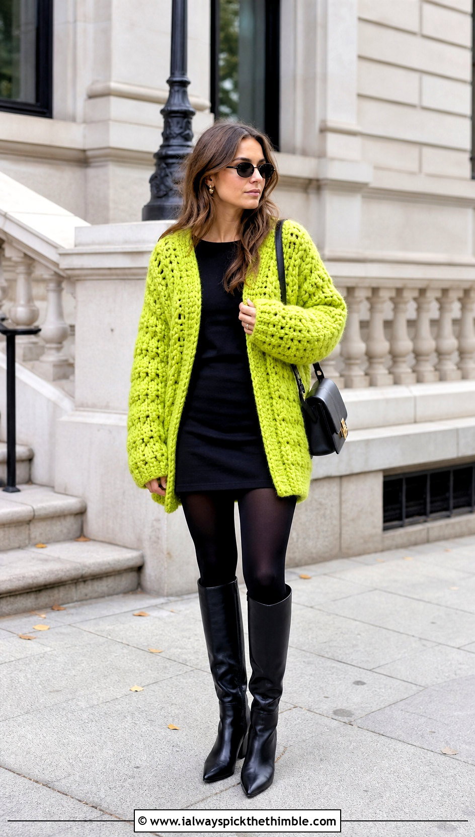 Chunky Crochet Cardigan With Mini Dress And Boots - 25 beginner crochet cardigan outfit ideas