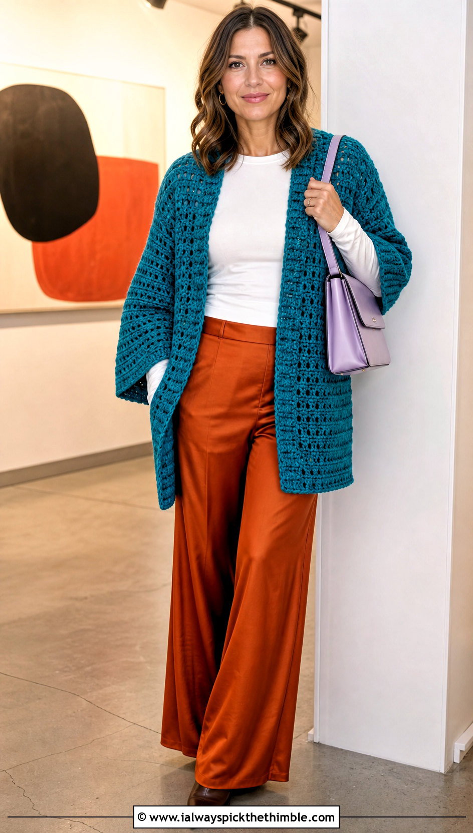 Chunky Crochet Cardigan With Satin Pants - 25 easy crochet cardigan outfit ideas