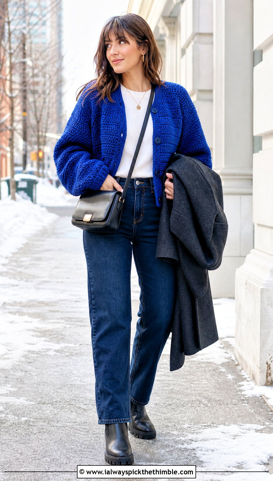 Chunky Crochet Cardigan With Straight Jeans - 20 winter crochet outfit ideas