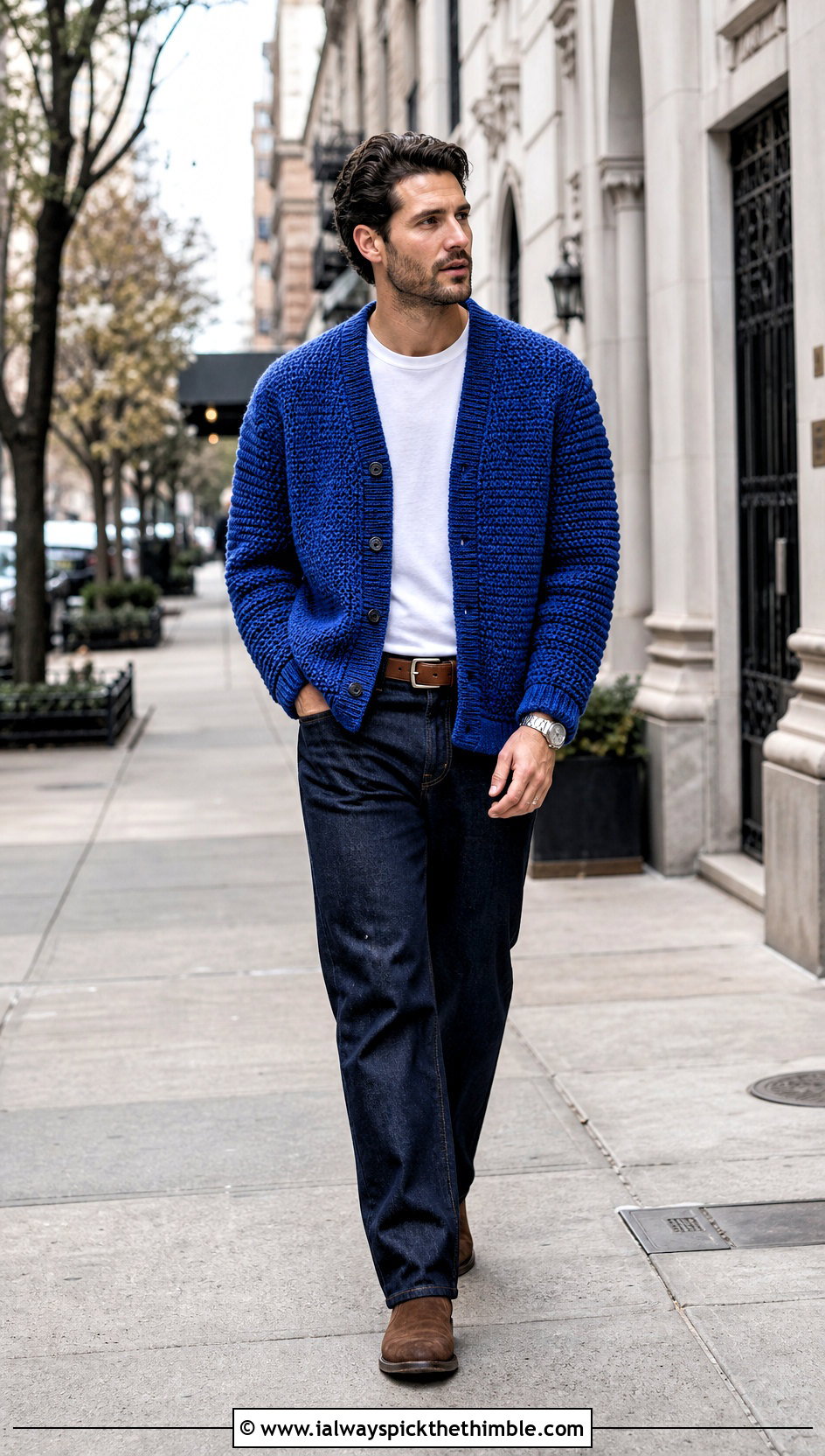 Chunky Crochet Cardigan With Straight Leg Jeans - 20 crochet man cardigan outfit ideas