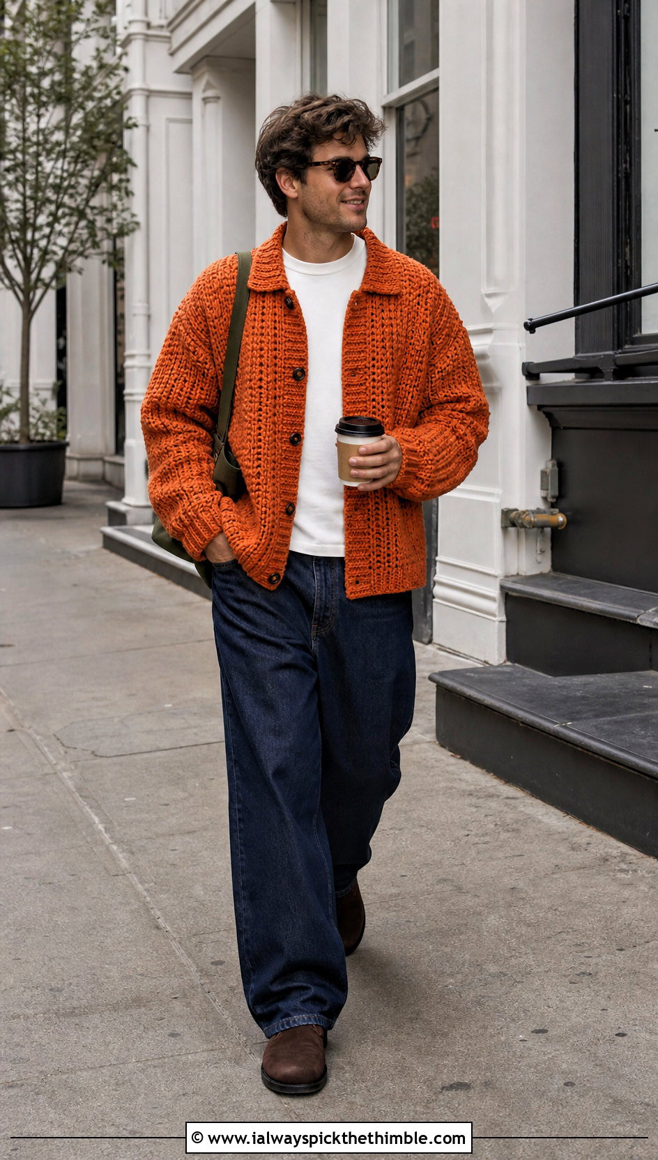 Chunky Crochet Cardigan With Wide Leg Jeans - 20 Crochet Guys Clothes and outfit ideas