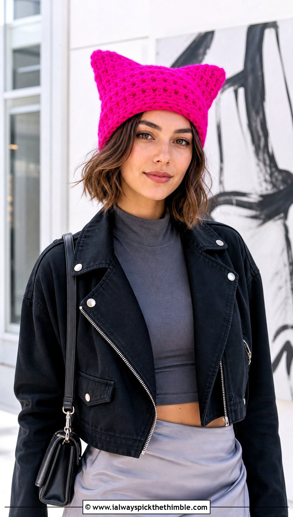Chunky Crochet Cat Ear Beanie With Moto Jacket - 25 chunky crochet hat outfit ideas