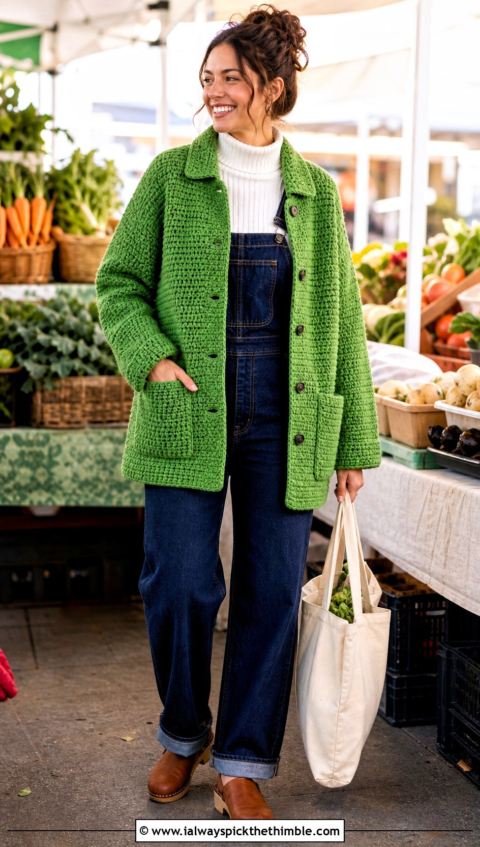 Chunky Crochet Chore Coat With Denim Overalls - 20 Chunky Crochet Coat outfit ideas