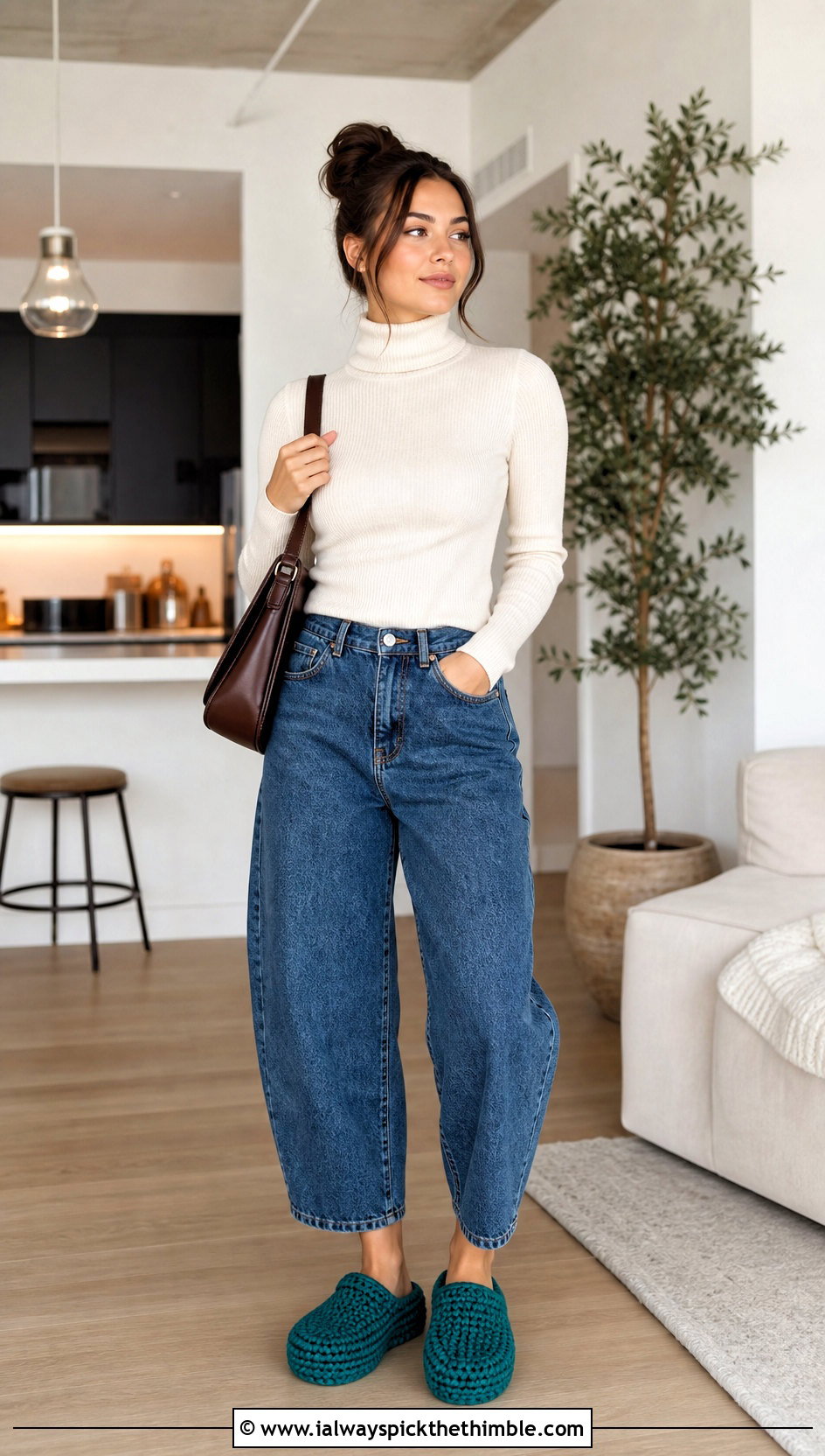 Chunky Crochet Clog Slippers With Barrel Jeans And Turtleneck - 20 chunky crochet slippers outfit ideas