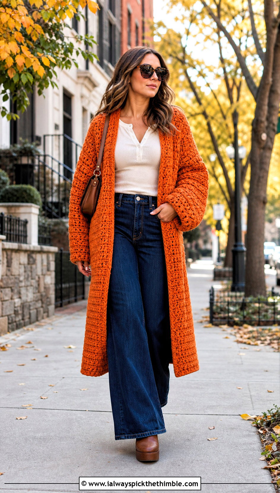 Chunky Crochet Coat With Wide Leg Jeans - 20 Crochet Coat For Women outfit ideas