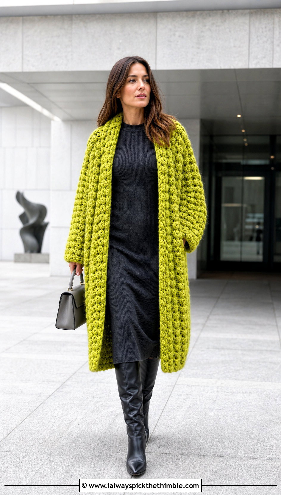 Chunky Crochet Cocoon Coat With Knit Midi Dress - 25 crochet coat outfit ideas