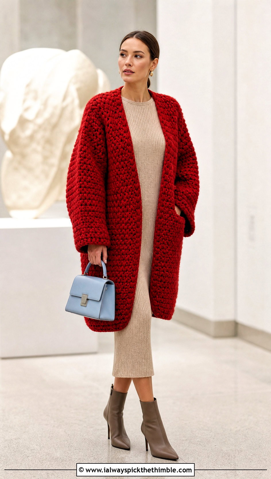 Chunky Crochet Cocoon Coat With Knit Midi Dress - 20 Chunky Crochet Coat outfit ideas