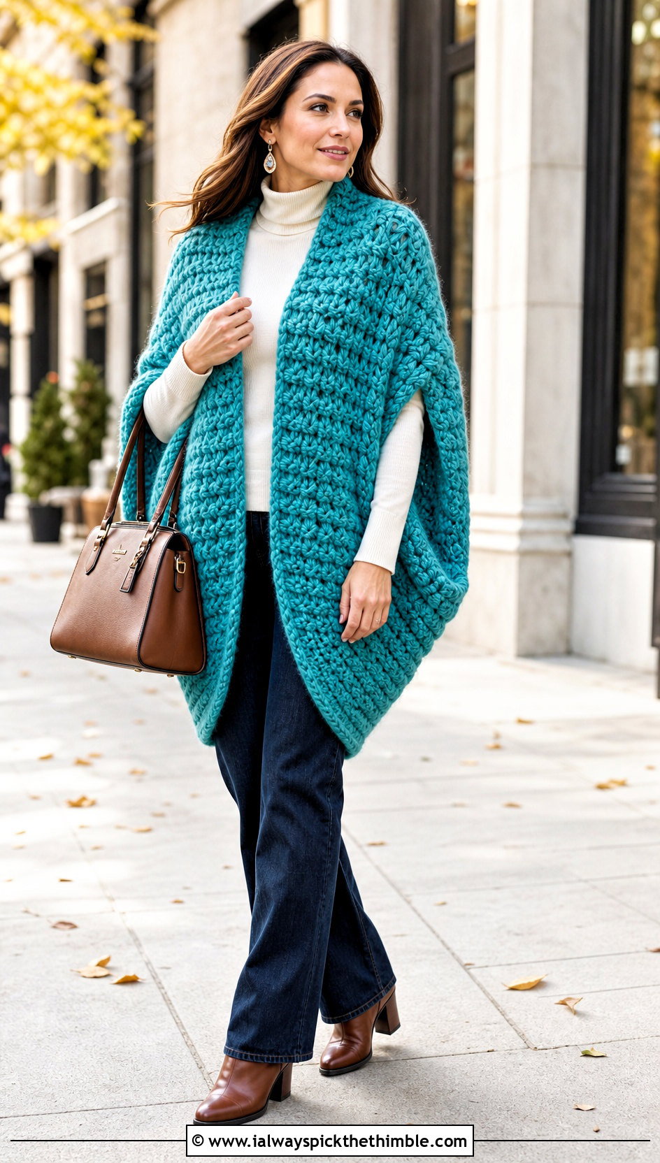Chunky Crochet Cocoon Shawl With Turtleneck - 20 crochet shawl with arm holes outfit ideas