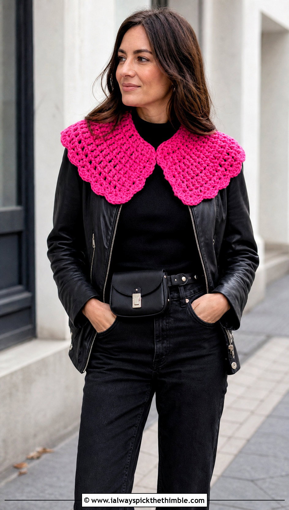 Chunky Crochet Collar With Leather Jacket And Black Jeans - 15 beginner crochet collar outfit ideas