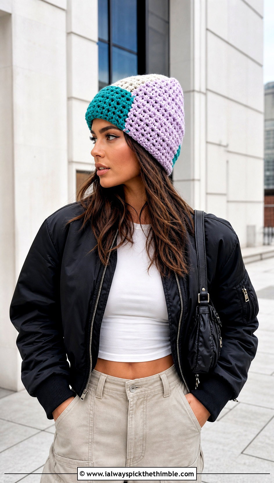 Chunky Crochet Colorblock Beanie With Bomber Jacket - 25 chunky crochet hat outfit ideas