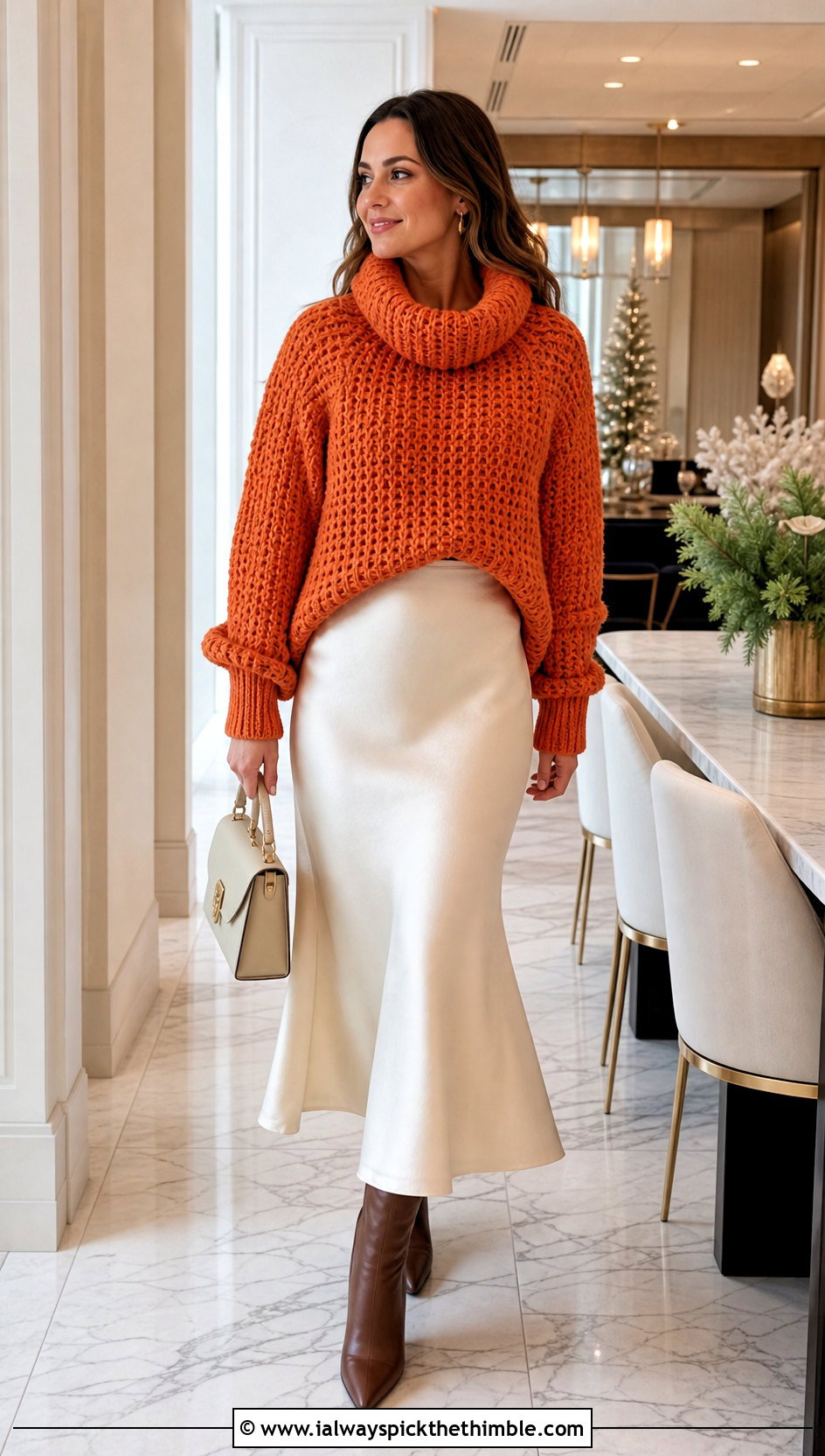 Chunky Crochet Cowl Neck Sweater With Satin Skirt - 20 Crochet Cowl Neck Sweater outfit ideas
