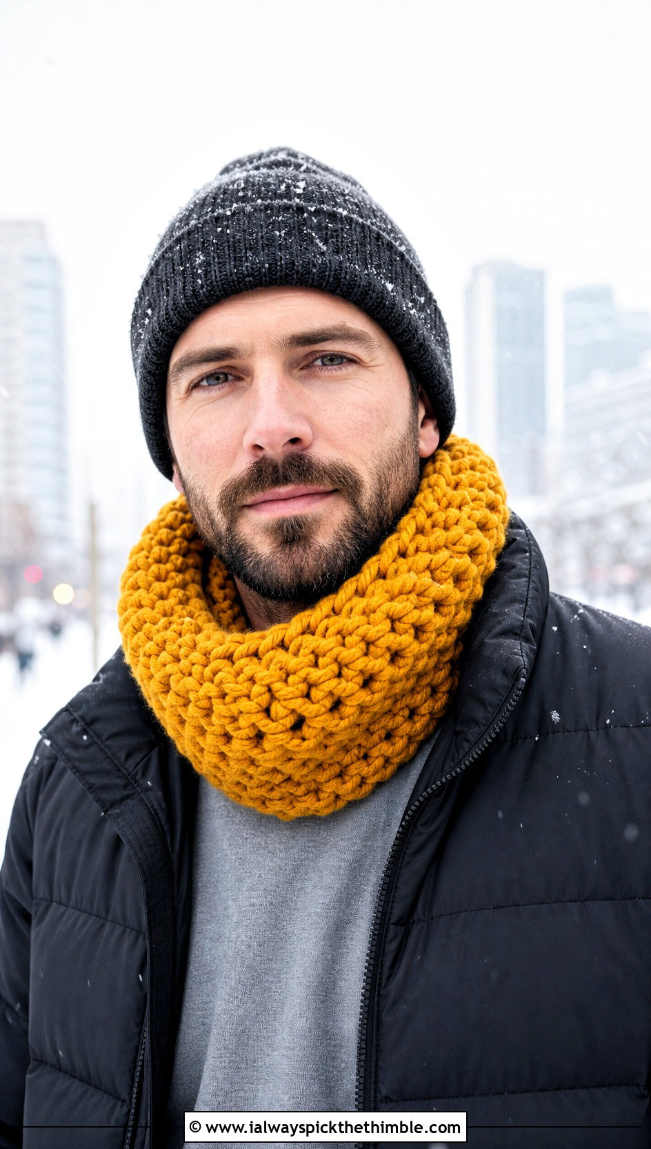 Chunky Crochet Cowl With Puffer Jacket - 20 Men Crochet Cowl outfit ideas