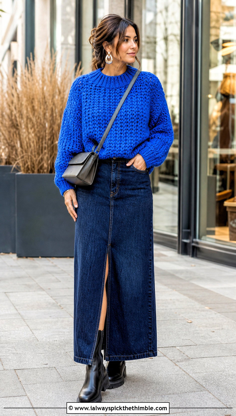 Chunky Crochet Crewneck With Denim Maxi Skirt - 15 vibrant crochet sweater design outfit ideas