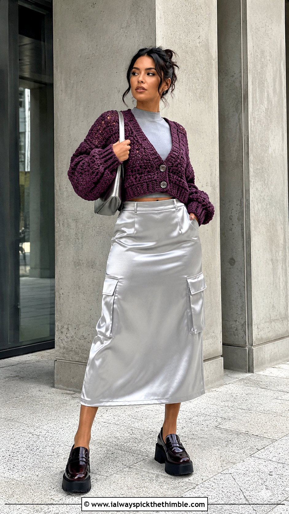 Chunky Crochet Crop Cardigan With Satin Cargo Skirt - 20 crochet crop cardigan outfit ideas