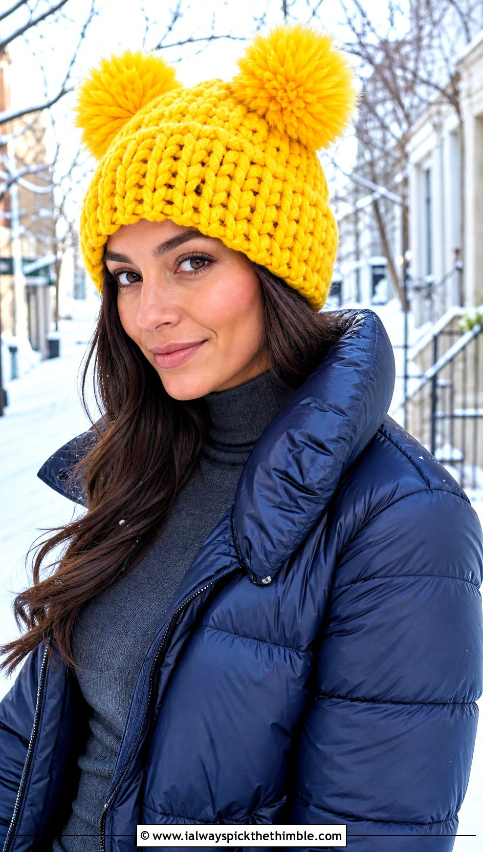 Chunky Crochet Double Pom Pom Beanie With Puffer Coat - 20 Crochet Hat With Two Pom Poms outfit ideas