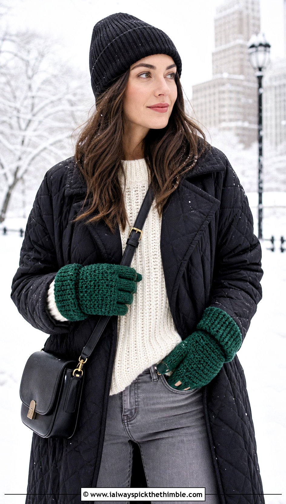 Chunky Crochet Driving Gloves With Quilted Coat - 20 Crochet Driving Gloves outfit ideas