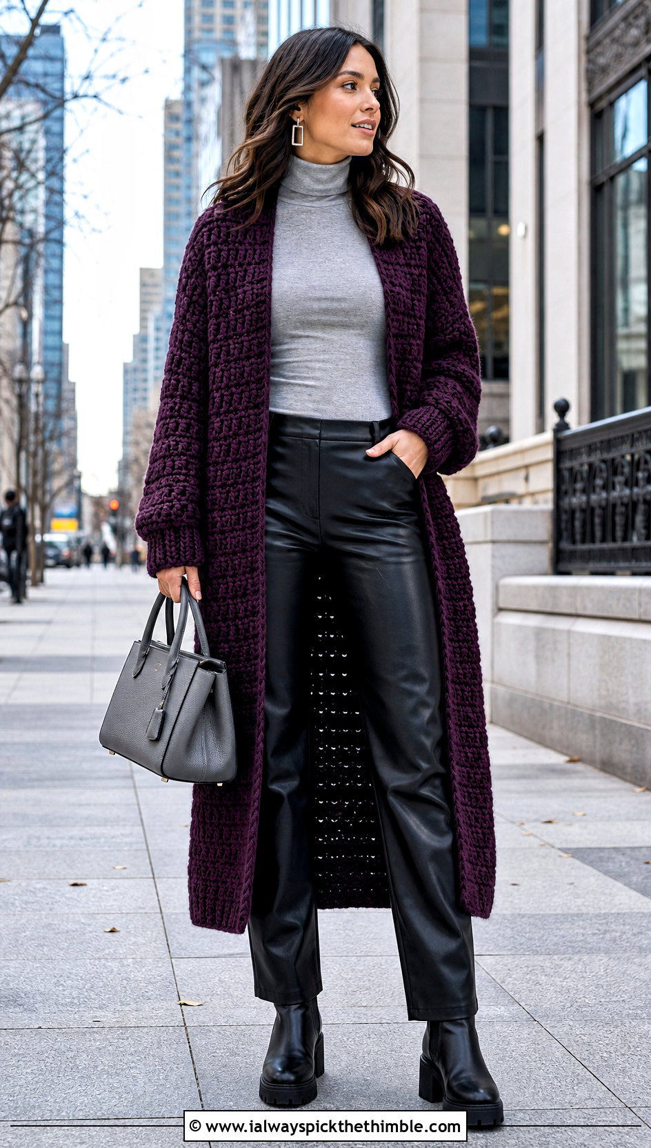 Chunky Crochet Duster With Turtleneck And Leather Pants - 20 crochet duster outfit ideas