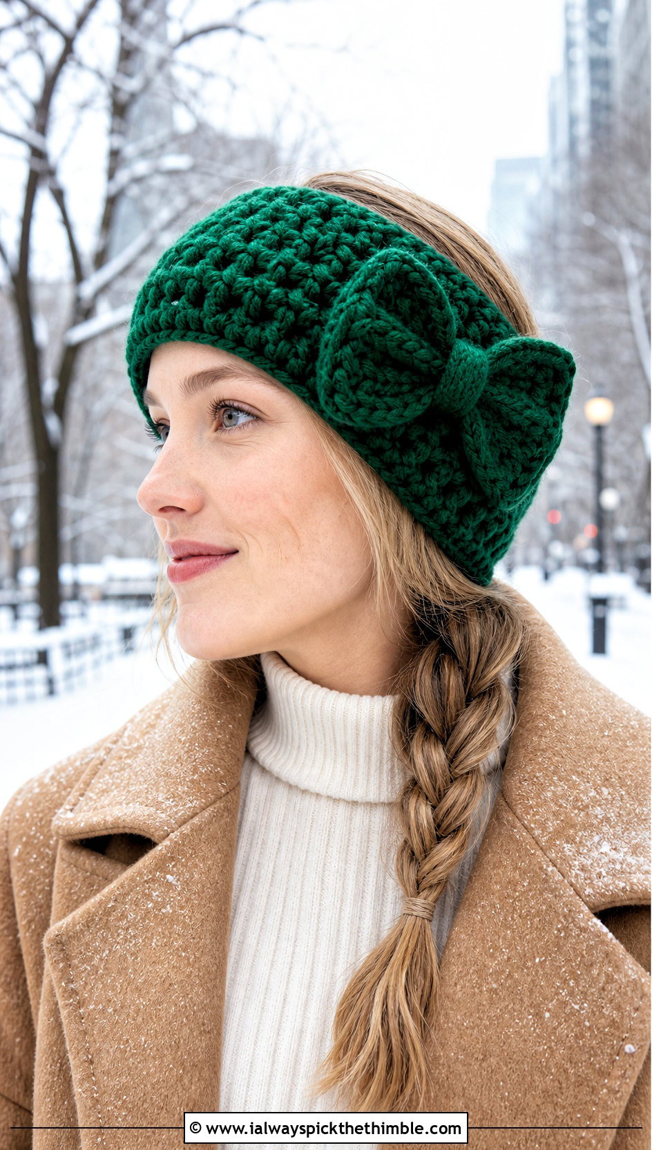 Chunky Crochet Ear Warmer With Bow And Sweater Dress - 20 crochet headband with bow outfit ideas