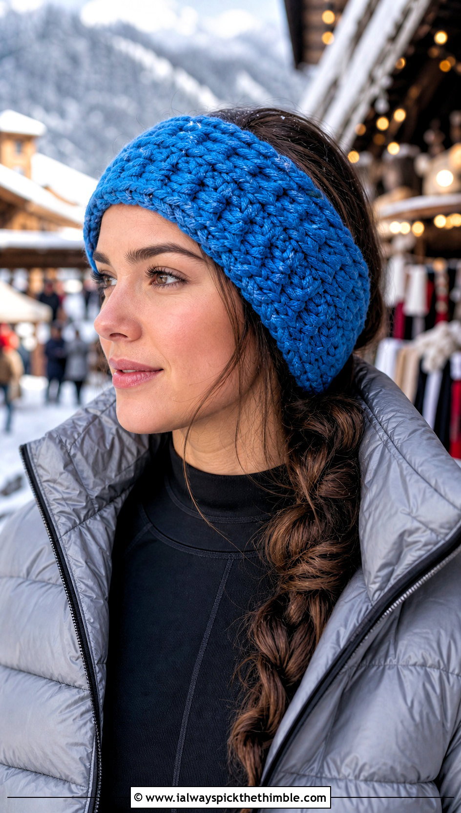 Chunky Crochet Ear Warmer With Puffer Jacket - 25 crochet hair accessories head bands outfit ideas