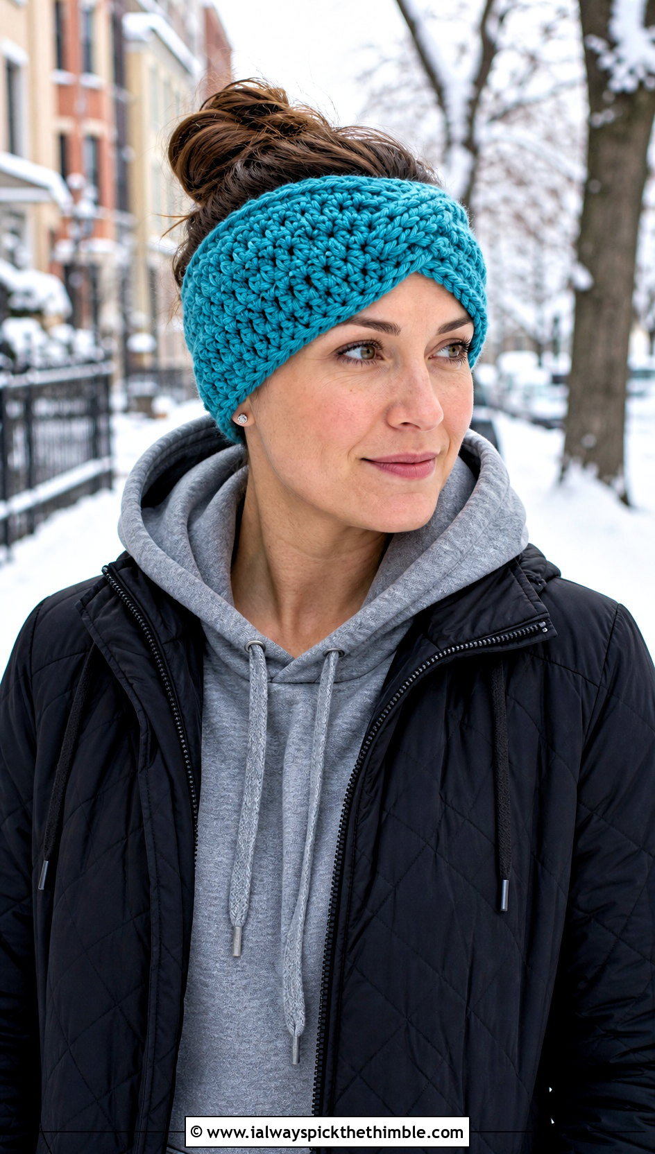 Chunky Crochet Ear Warmer With Quilted Coat - 20 Crochet Headband Ear Warmer outfit ideas