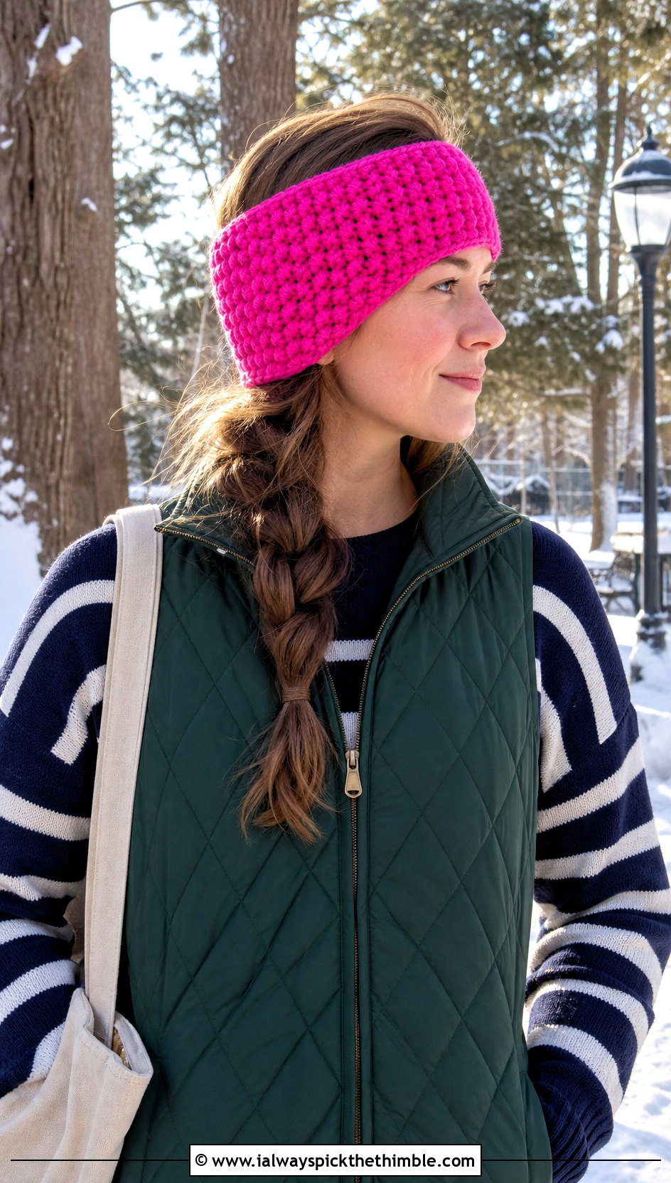 Chunky Crochet Ear Warmer With Quilted Vest - 15 knit or crochet headbands outfit ideas