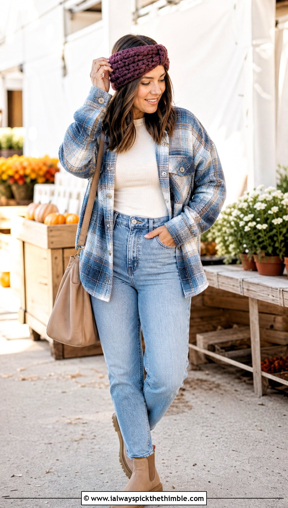 Chunky Crochet Ear Warmer With Shacket and Mom Jeans - 20 Simple Crochet Ear Warmer outfit ideas