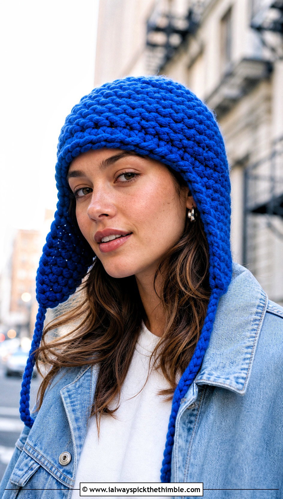Chunky Crochet Earflap Hat With Denim Jacket - 20 crochet flap hat outfit ideas