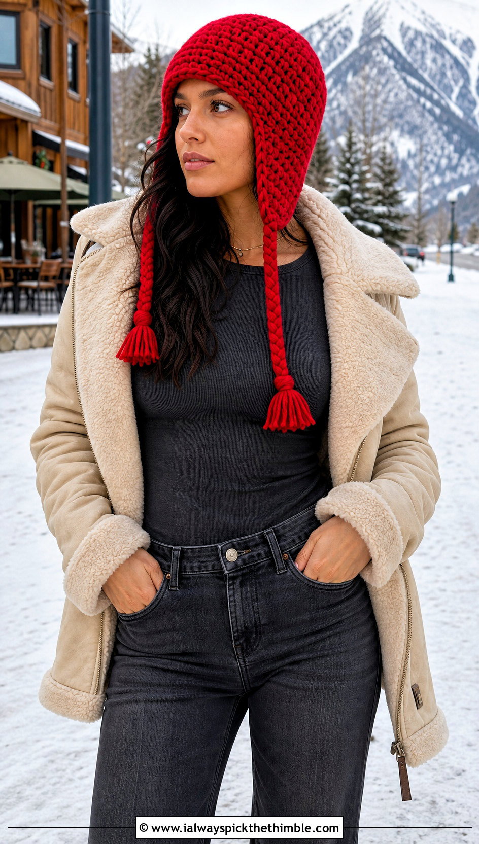 Chunky Crochet Earflap Hat With Shearling Jacket And Flared Jeans - 15 Simple Chunky Crochet Hat outfit ideas
